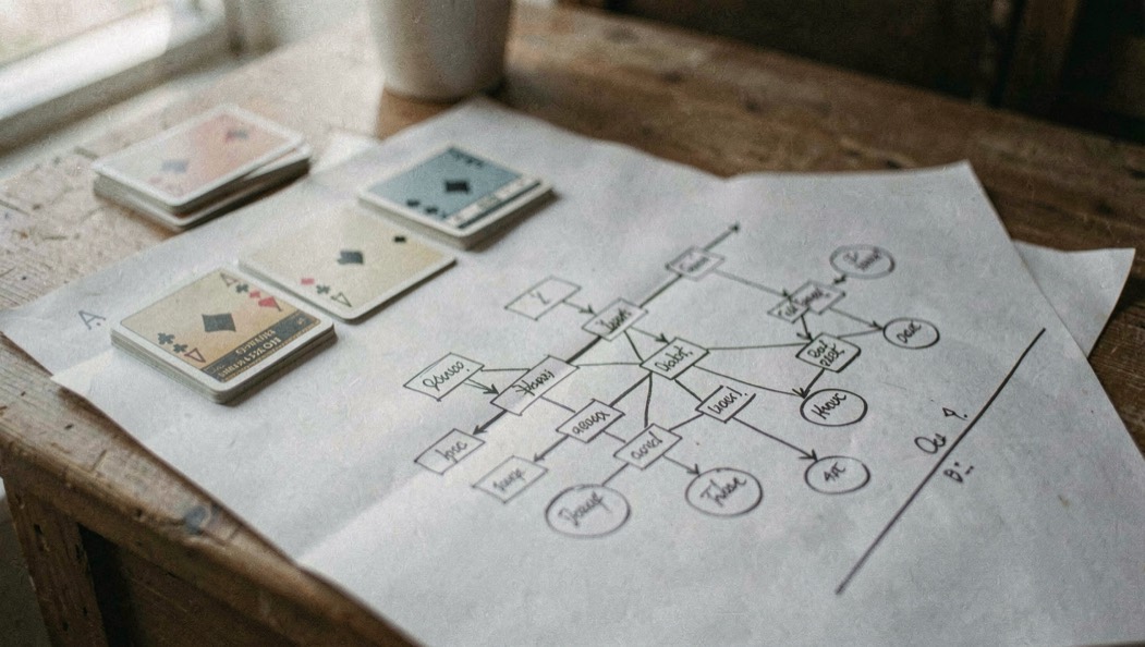 Un bureau en bois clair près d’une fenêtre, deux objets posés côte à côte sur la table, un carnet ouvert avec trois colonnes tracées au crayon, lumière naturelle de fin de matinée, cadrage s