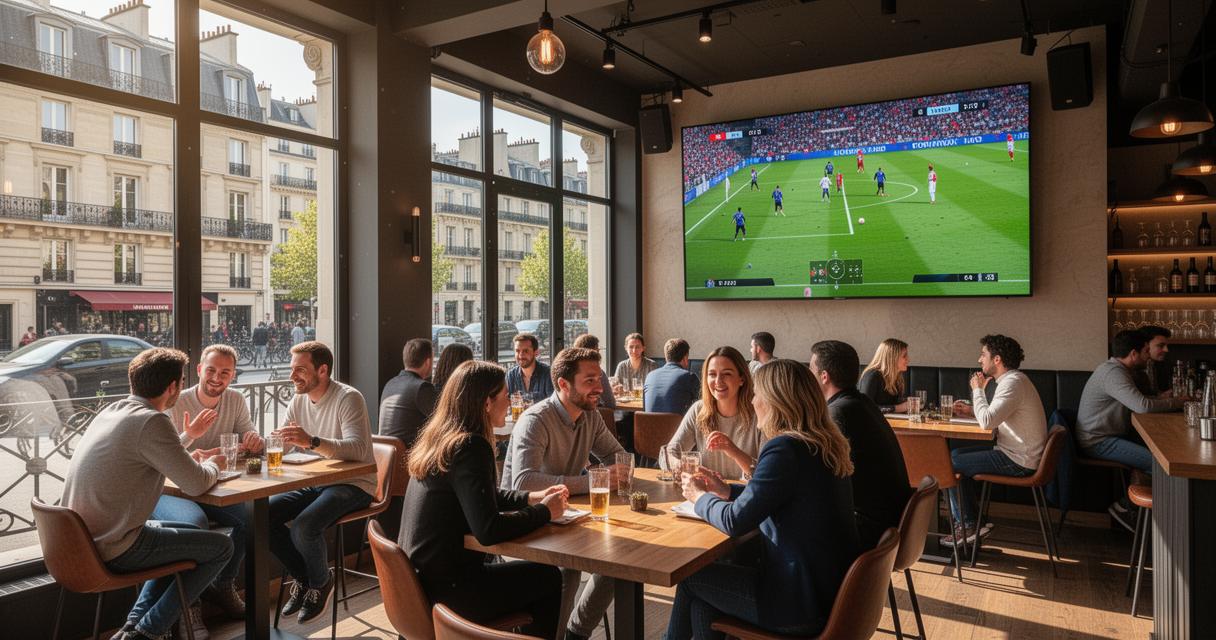 Personnes assises dans un café devant un écran affichant une scène de football.