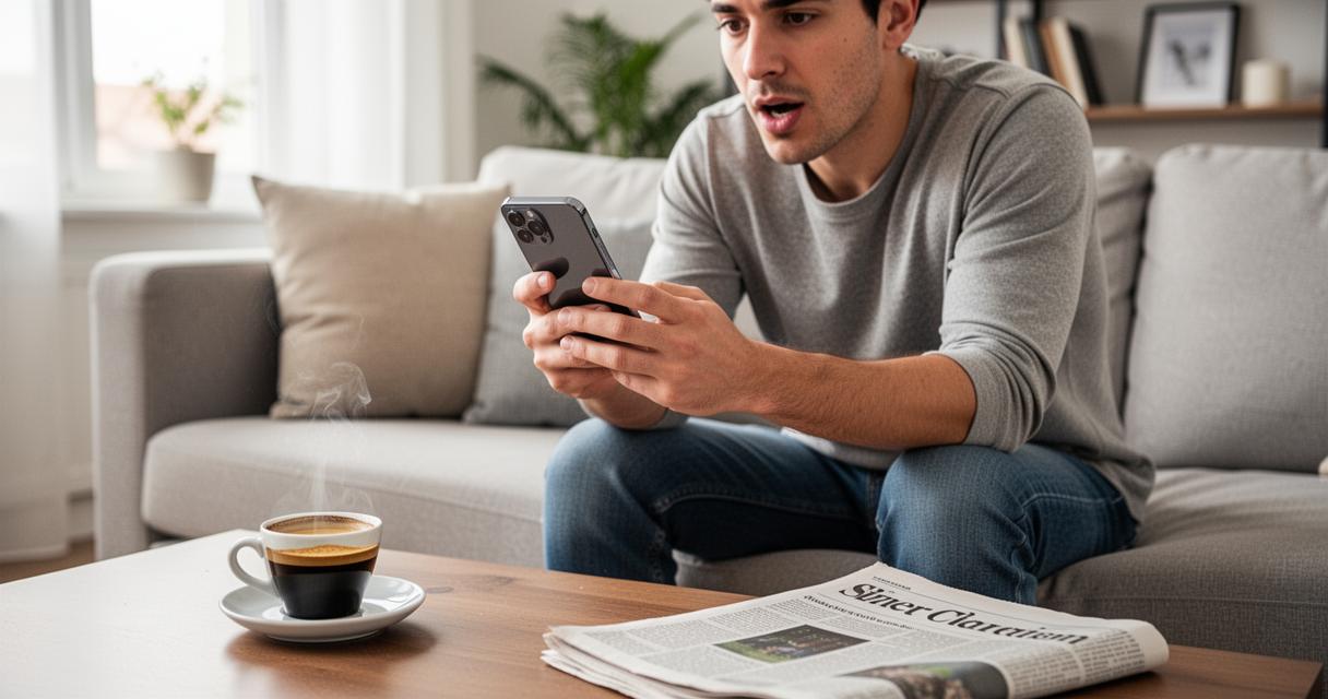 Homme assis sur un canapé tenant un téléphone, avec une tasse et un journal sur la table.